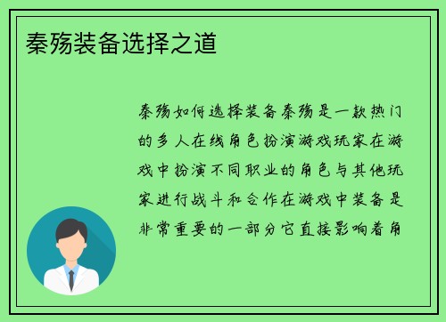秦殇装备选择之道