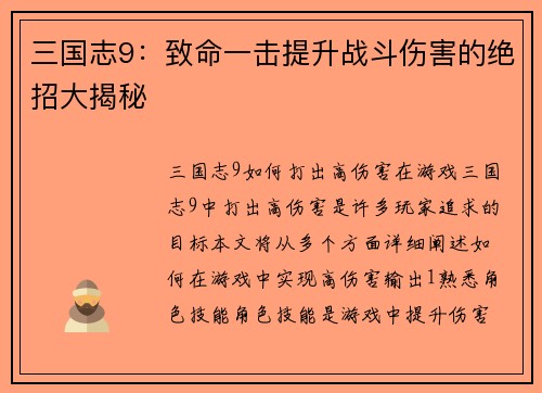 三国志9：致命一击提升战斗伤害的绝招大揭秘